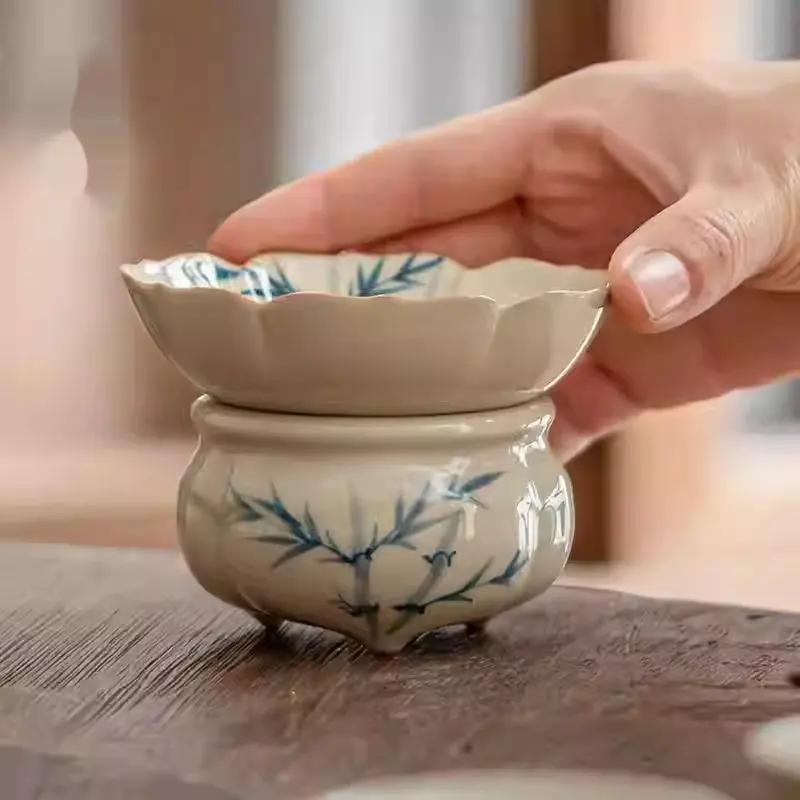Service thé traditionnel chinois céramique Kung Fu – Porcelaine peinte main herbe gris bambou bleu art du thé Dropshipman