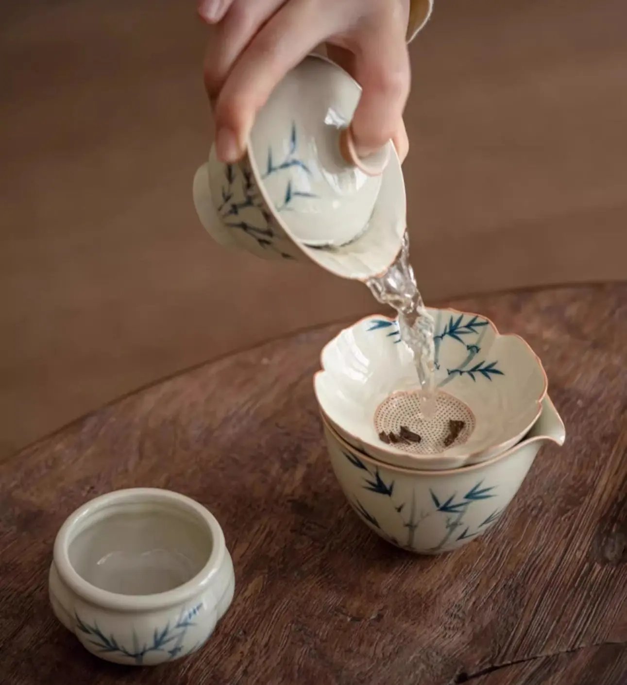 Service thé traditionnel chinois céramique Kung Fu – Porcelaine peinte main herbe gris bambou bleu art du thé Dropshipman