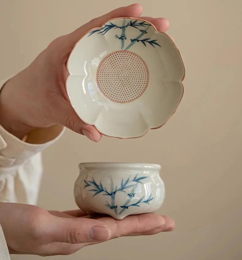 Service thé traditionnel chinois céramique Kung Fu – Porcelaine peinte main herbe gris bambou bleu art du thé Dropshipman