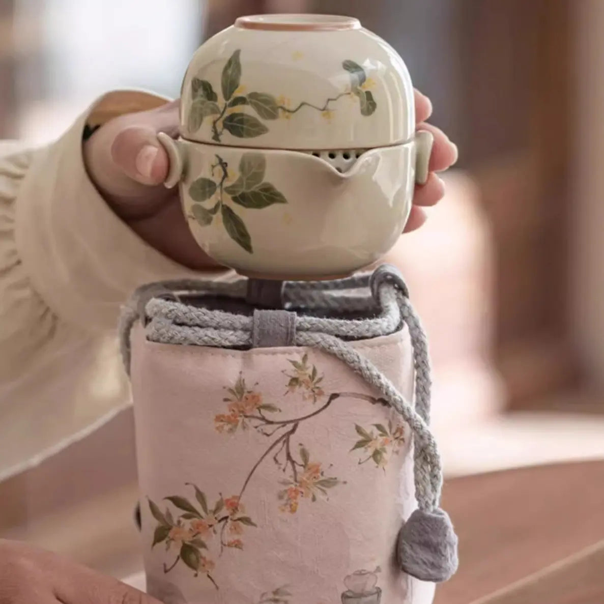 Service thé voyage Osmanthus peint à la main – Set théière tasses céramique portable fleurs Dropshipman