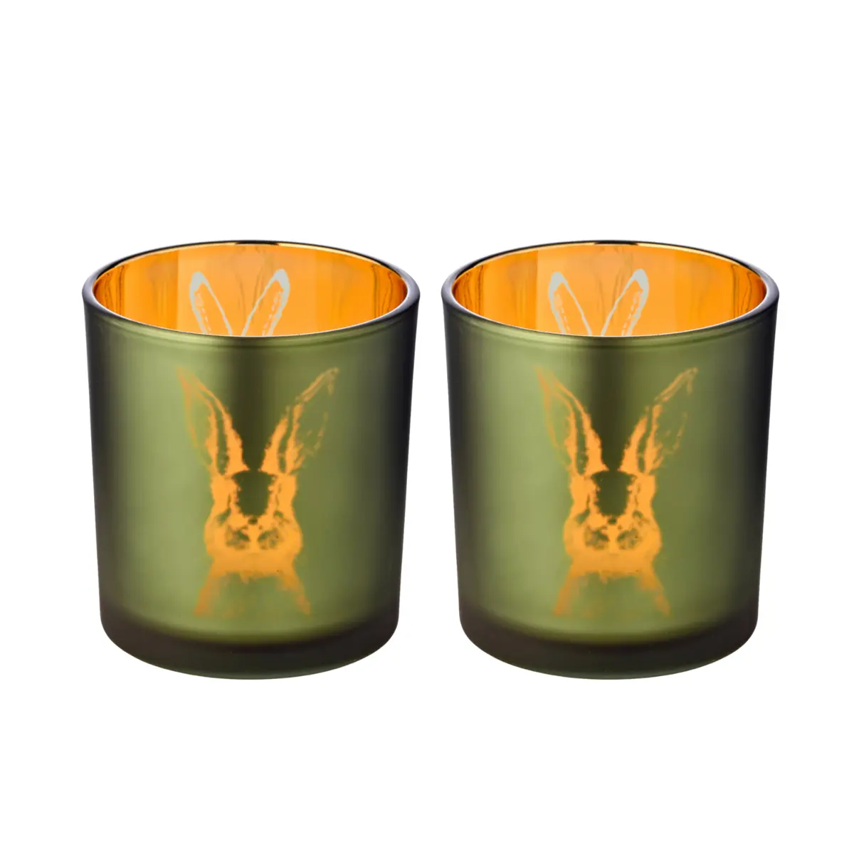 Set de 2 photophores lapin en verre, extérieur vert / intérieur or, motif lapin, hauteur 8 cm, ø 7 cm EDZARD-SHOP.com