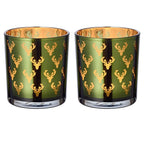 Set de 2 verres à bougies chauffe-plat Ted (hauteur 8 cm, ø 7 cm), extérieur vert / intérieur or, lanterne motif cerf EDZARD-SHOP.com