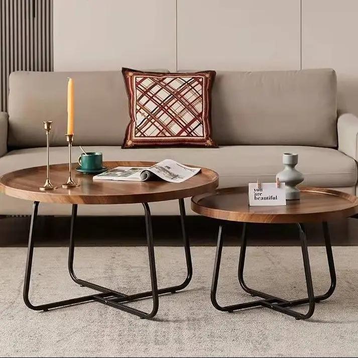 Table Basse Café Géométrique Créative Fer Bois Noyer–Design Nordique Multifonction Salon 50-80cm Dropshipman