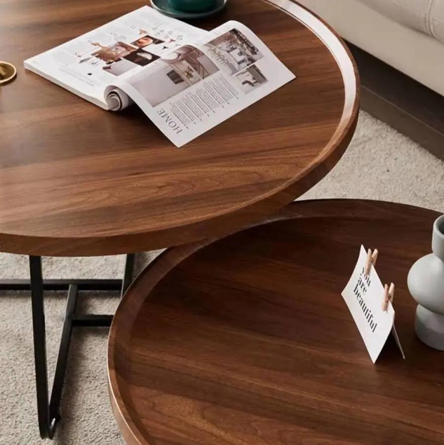 Table Basse Café Géométrique Créative Fer Bois Noyer–Design Nordique Multifonction Salon 50-80cm Dropshipman