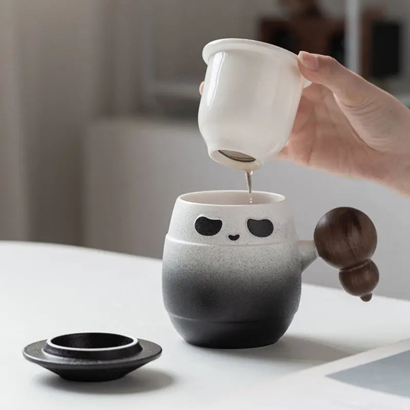 Tasse Thé Élégante Panda Héros Couvercle Filtre – Mug Céramique Poignée Bois Bureau 401-500ml Dropshipman