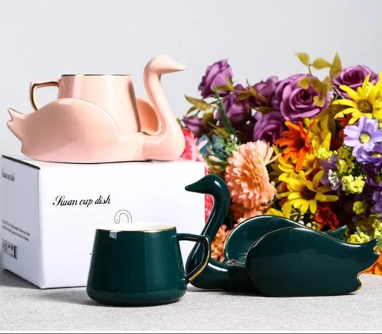 Tasse à café créative cygne céramique – Mug couleur unie dessous verre Dropshipman
