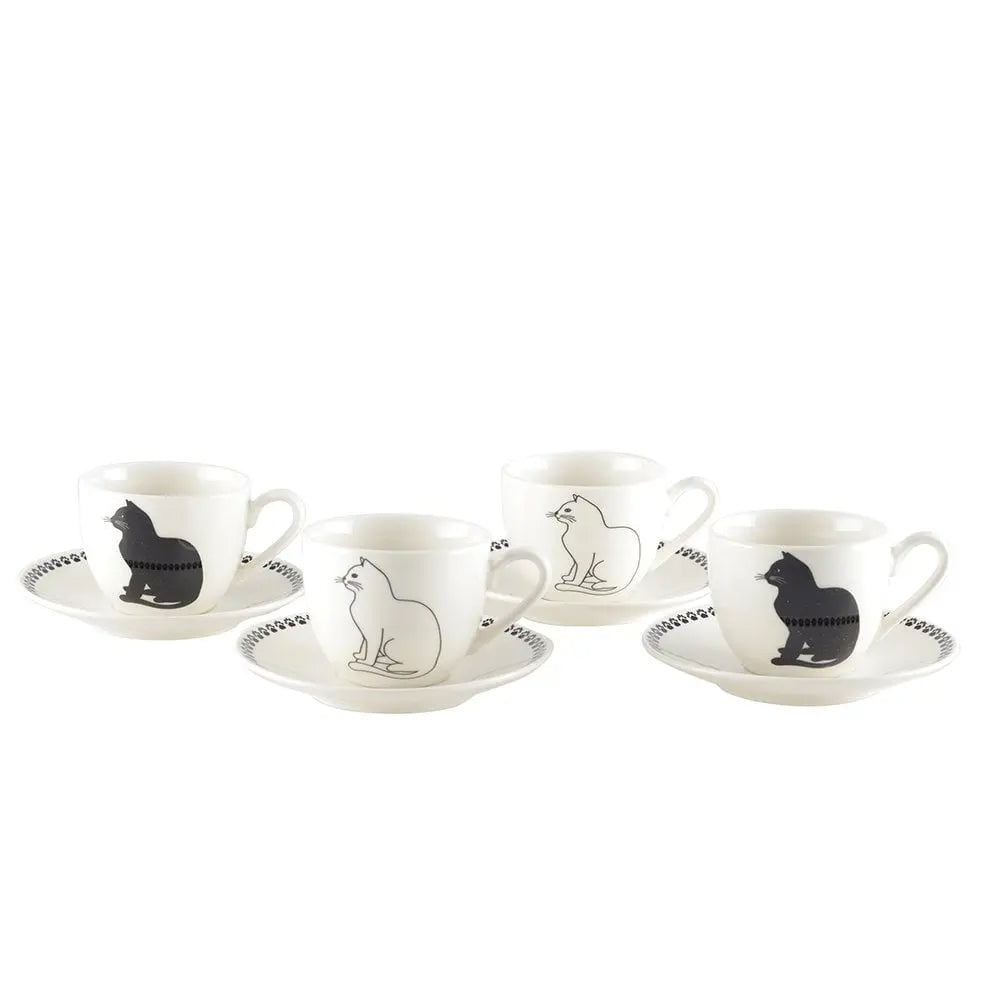 Tasses à café avec soucoupes chat noir et blanc - lot de 4 AULICA