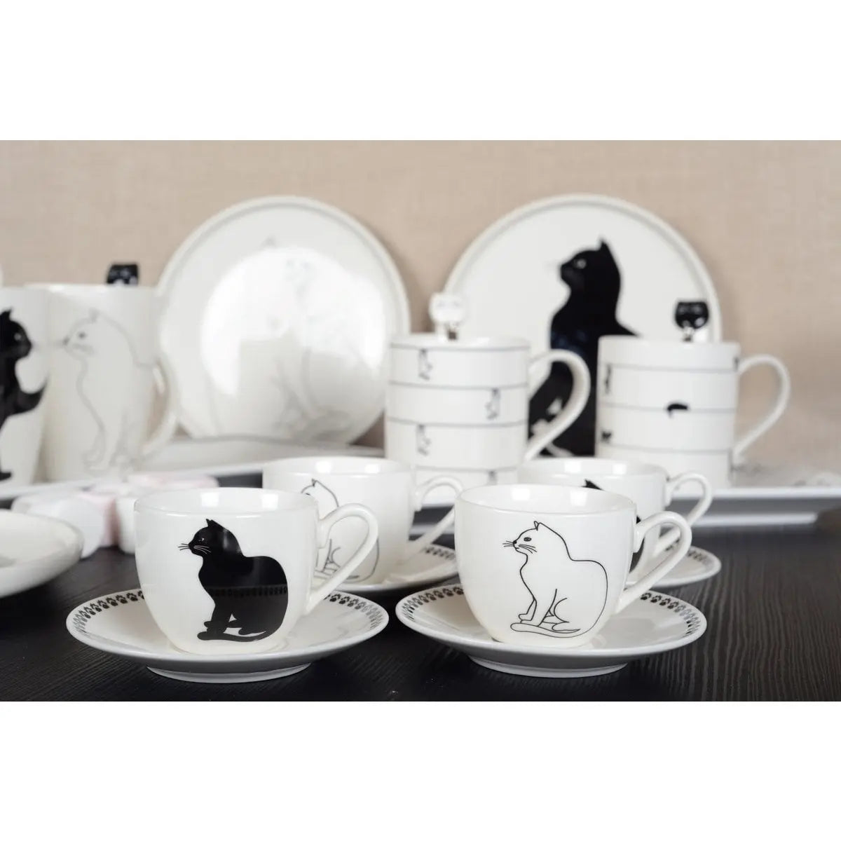 Tasses à café avec soucoupes chat noir et blanc - lot de 4 AULICA