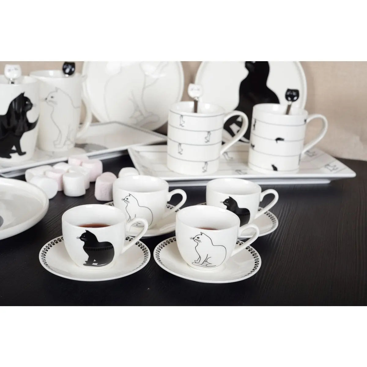 Tasses à café avec soucoupes chat noir et blanc - lot de 4 AULICA