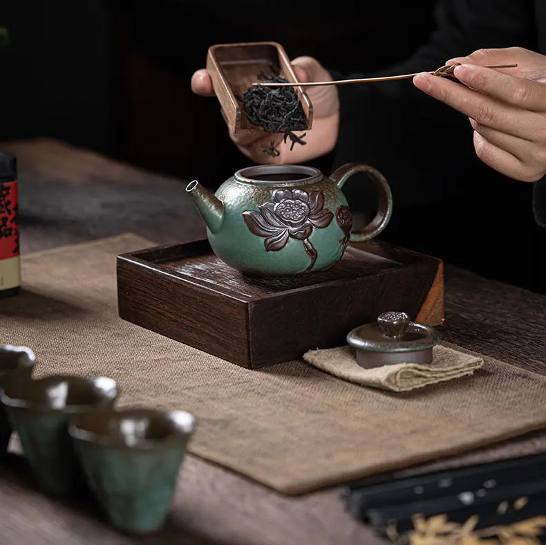 Théière en grès fait main trompette japonaise – Service thé céramique glaçure colorée lotus Dropshipman