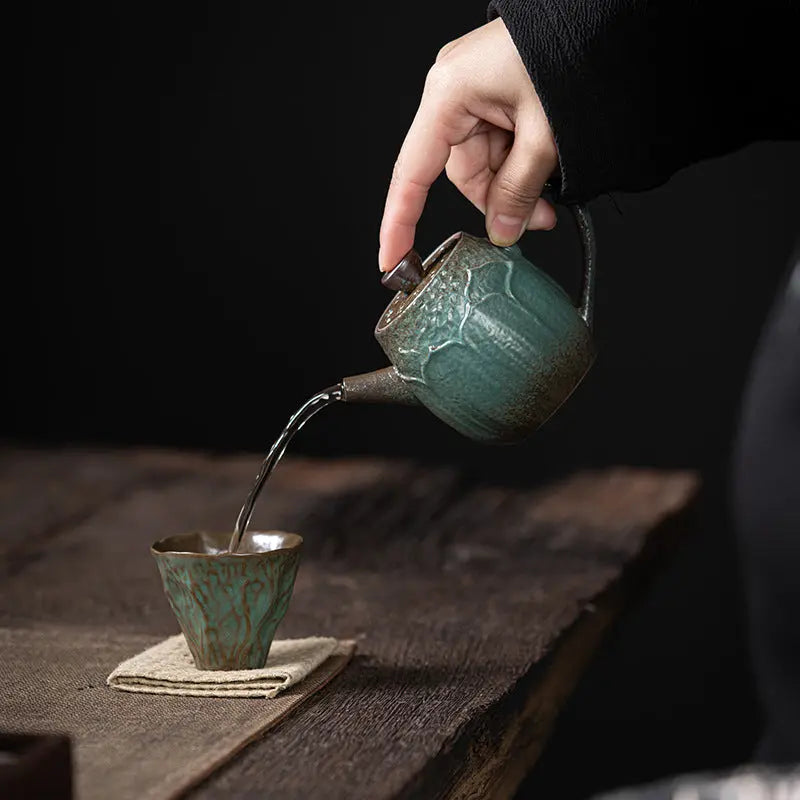 Théière en grès fait main trompette japonaise – Service thé céramique glaçure colorée lotus Dropshipman