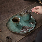 Théière en grès fait main trompette japonaise – Service thé céramique glaçure colorée lotus Dropshipman