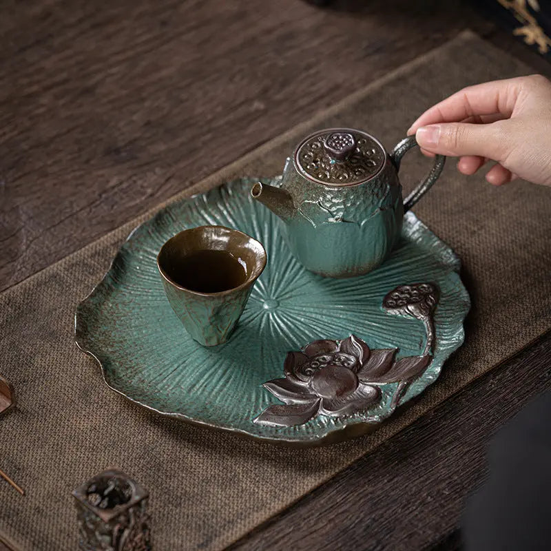 Théière en grès fait main trompette japonaise – Service thé céramique glaçure colorée lotus Dropshipman