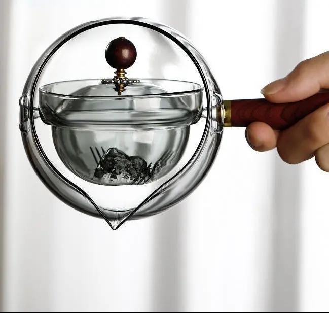 Théière verre semi-automatique rotative résistant chaleur – Infuseur paresseux anse bois bureau maison Dropshipman