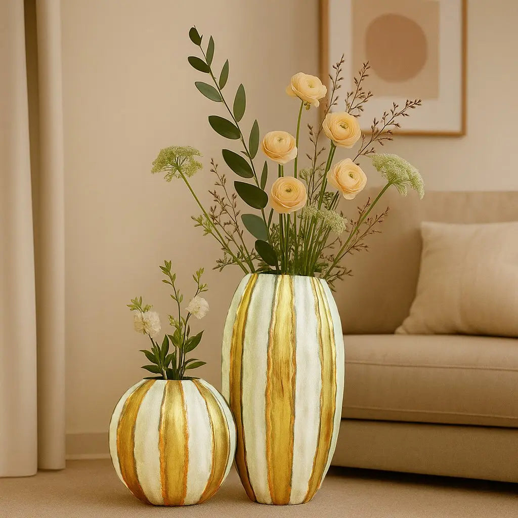 Vase blanc et doré rayé en polyrésine 41x41x81cm AULICA