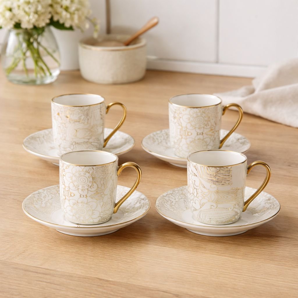 Tasses à café avec soucoupes blanches design abstrait - lot de 4