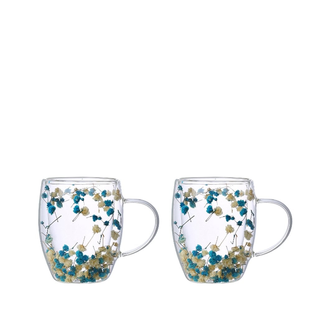 Tasses à thé double paroi fleurs bleues et blanches 350ml -lot de 2