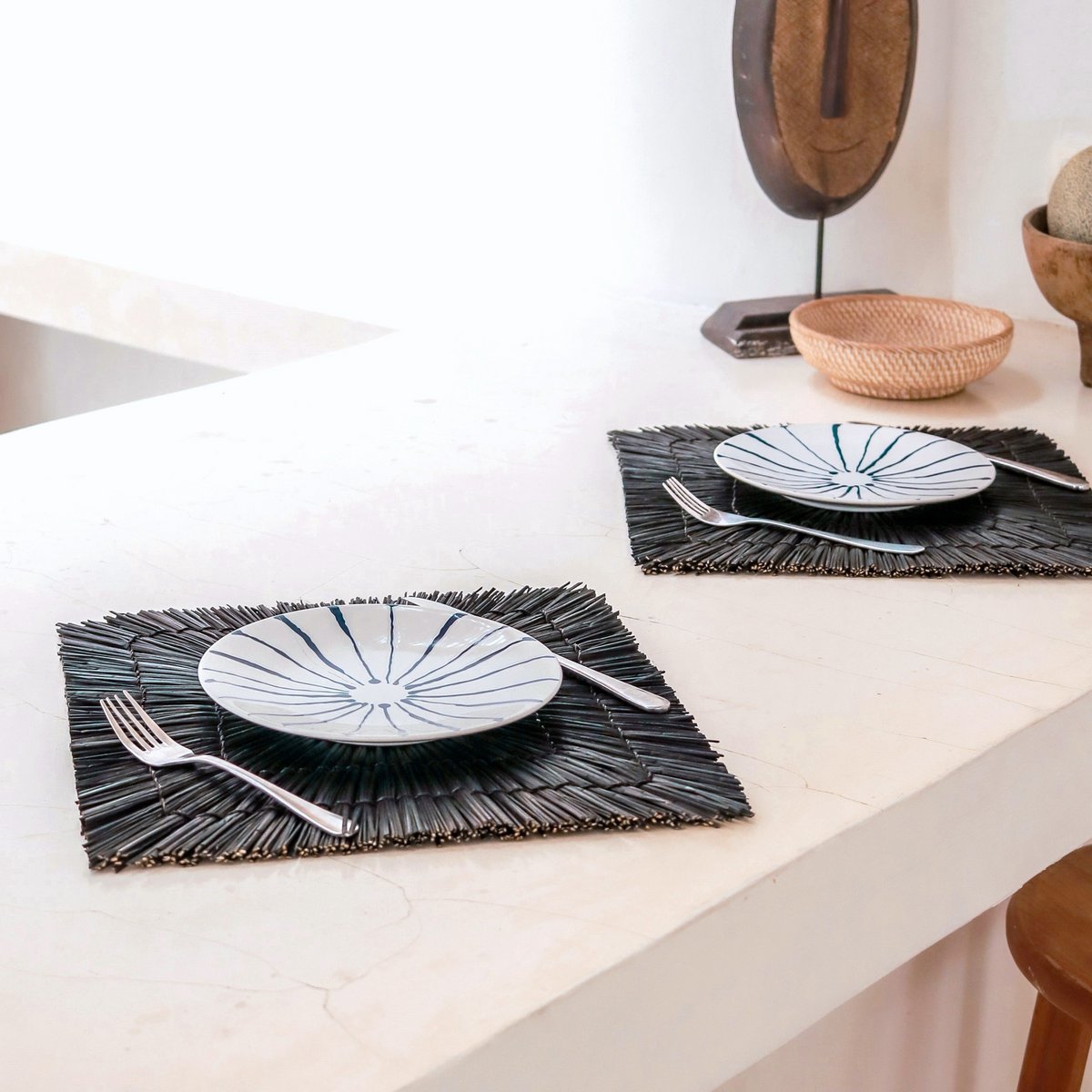 Set de table en jonc de mer noir (lot de 2, 4 ou 6) 36 cm | Set de table carré rectangulaire VARNA (noir)